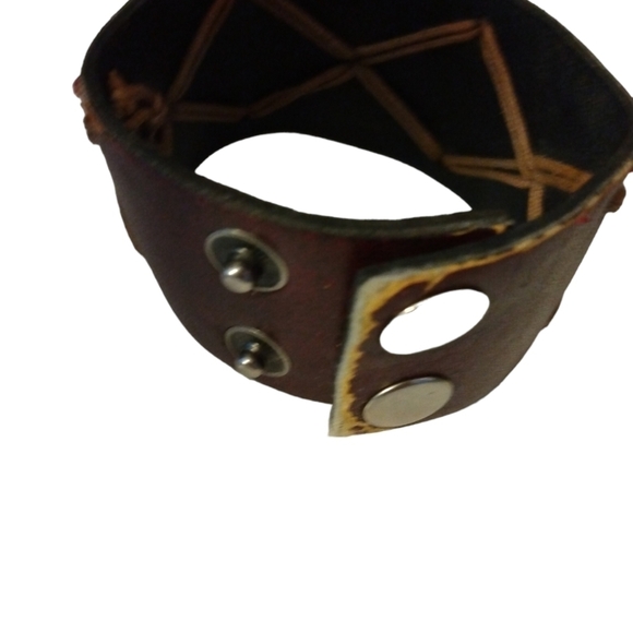 Brown Faux Leather Coin &Twine Accents Cuff Bracelet with Snap Closures - Picture 2 of 8